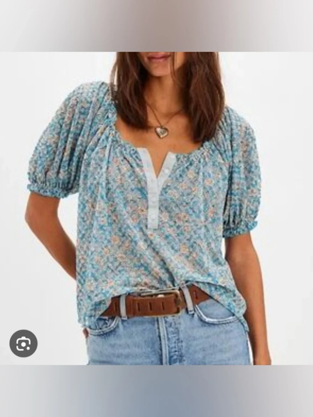 Free People Astra Floral Puff-Sleeve Peasant Top in Light Blue
